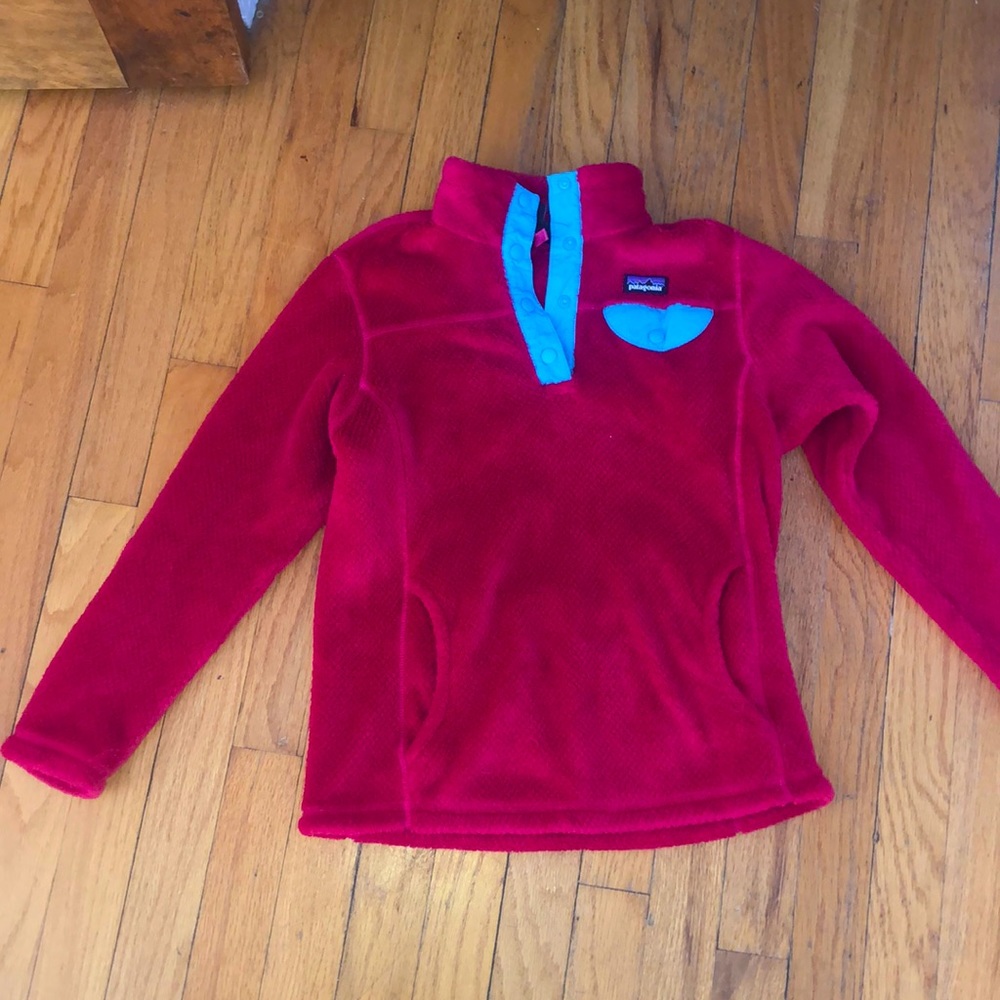 Patagonia Kids Red Fleece Pullover with Blue Accents